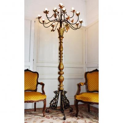 Très Grand Lampadaire à 18 Feux (2m35), Chandelier, Bois Doré, Laiton Et Fonte, Epoque XIXeme