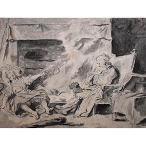 "l'accouchement", Dessin Encre Et Lavis, XIXème
