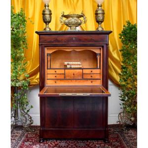 Charles X Secretary In Mahogany And Precious Wood Marquetry, Decorated With Gothic Arches