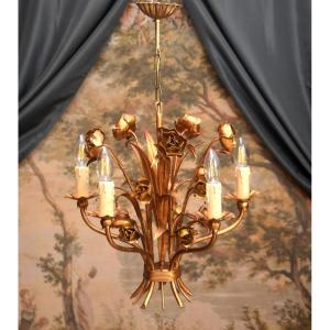 Rose Chandelier, Gold Metal Chandelier, Five Lights, Italian Style Circa 1960
