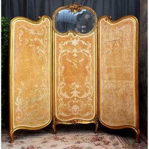 Important Paravent en Bois Dor&eacute; de Style Louis XV, Epoque Napoleon III, Tissu Velours Brod&eacute;, XIX&egrave;me