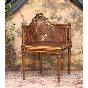 Fauteuil d'Angle en Bois Doré de Style Louis XVI, Siège Canné, Epoque XIXème