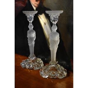 Pair Of Candlesticks With Atlantes, Frosted Glass, Chandeliers, 20th Century