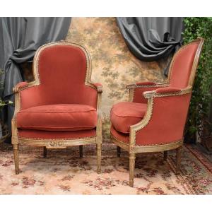 Pair Of Large Bergère Armchairs In Lacquered And Cerused Wood, Louis XVI Style, 19th Century