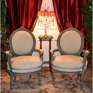 Pair Of Large Louis XVI Style Medallion Armchairs, Lacquered Wood, 20th Century