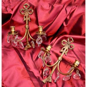 Paire d'Appliques à Pampilles de Style Louis XVI, Bronze Doré et Cristal, Epoque XXeme