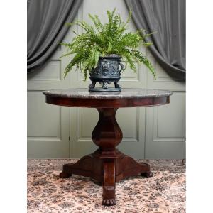 Guéridon d'époque Restauration en Acajou, marbre Gris sainte Anne, Vers 1820