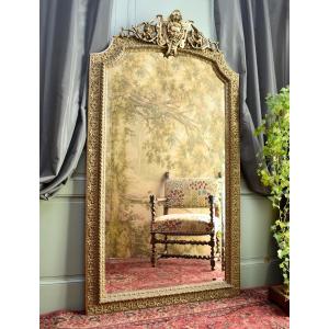 Large Mirror With Faun Or Satyr, Renaissance Style, Napoleon III Period, Wood And Gilded Stucco