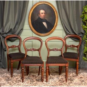 Suite Of Four English Chairs In Solid Mahogany, Victorian Period, England, Early 19th Century