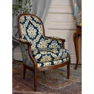 Louis XVI Period Bergère, Velours De Gênes Fabric, 18th Century,