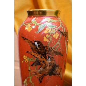 Vase In Limoges Porcelain, Hand-painted Birds, Signed Benoît, 20th Century