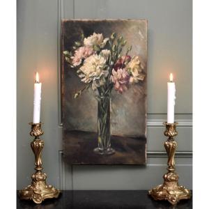 Bouquet d' Œillets, Huile sur Toile , vase d'oeillets sur entablement