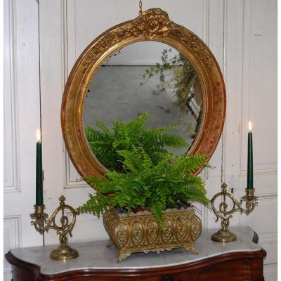 Mirror Golden Oval, XIXth, Decor Of Flowers