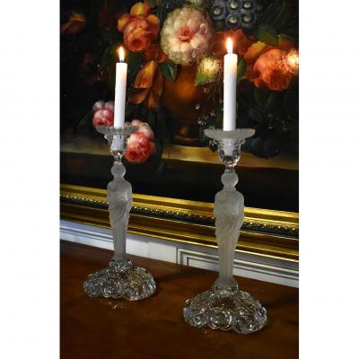 Pair Of Candlesticks In Atlantes, Glass And Crystal Frosted