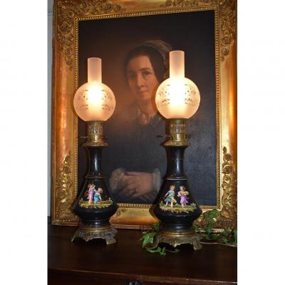 Pair Of Napoleon III Oil Lamp, Decor Fully Hand Painted, XIXth