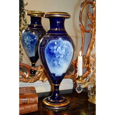 Large Baluster Vase In Limoges Porcelain, Signed Marcadet, Oven Blue Enhanced With Gold