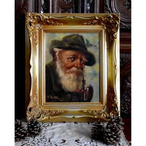 Portrait Of An Old Tyrolean Pipe Smoker, Oil On Framed Canvas, Early Twentieth