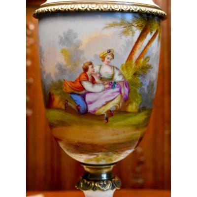 Porcelain Lamp, Hand Painted, Romantic Scene, XIXth Century