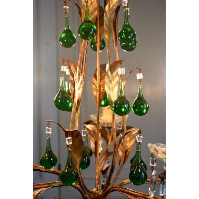 Chandelier In Golden Metal, Plant Decor, Tassels And Green Drops, Middle Period XX Eme