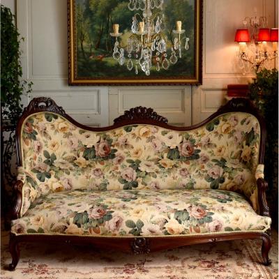 Carved Mahogany Bench, Three-seater Sofa, Fabric With Old Roses, XIX Eme Period