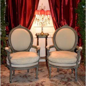 Pair Of Large Louis XVI Style Medallion Armchairs In Ceruse Wood, Basket Shape, XXth