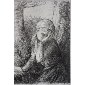 Alphonse Legros (1847-1911) , "La Jeune Désespérée", Eau Forte Timbrée, Dernière Oeuvre Connue de l'Artiste