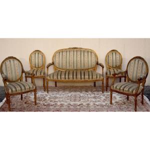 Salon De Style Louis XVI En Bois Dor&eacute;, Tissu Velours, Canap&eacute;, Fauteuils, Chaises, Epoque XIXeme