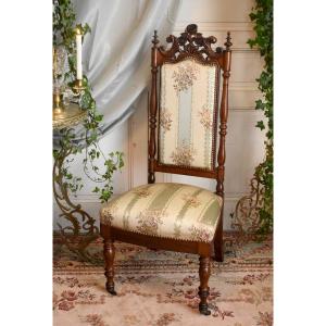 Armchair In Carved Mahogany, Decor Of Roses, Satin Fabric, Napoleon III Period, XIX Eme