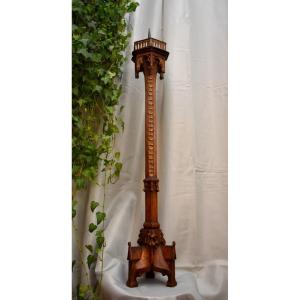 Large Gothic Candlestick In Carved Wood, Candlestick, Epoque XIX Eme