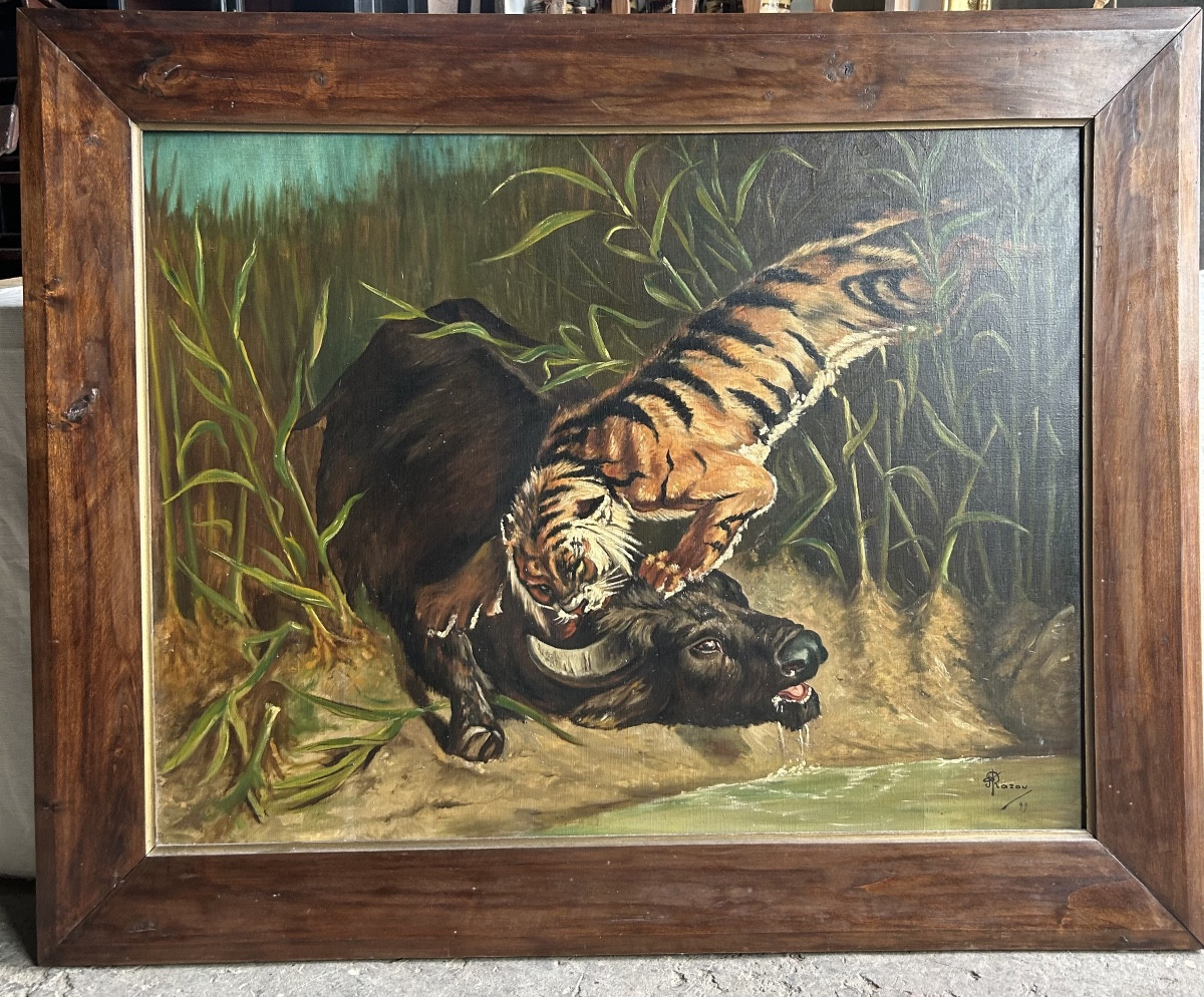 Paul Razou "tiger Attacking A Buffalo"