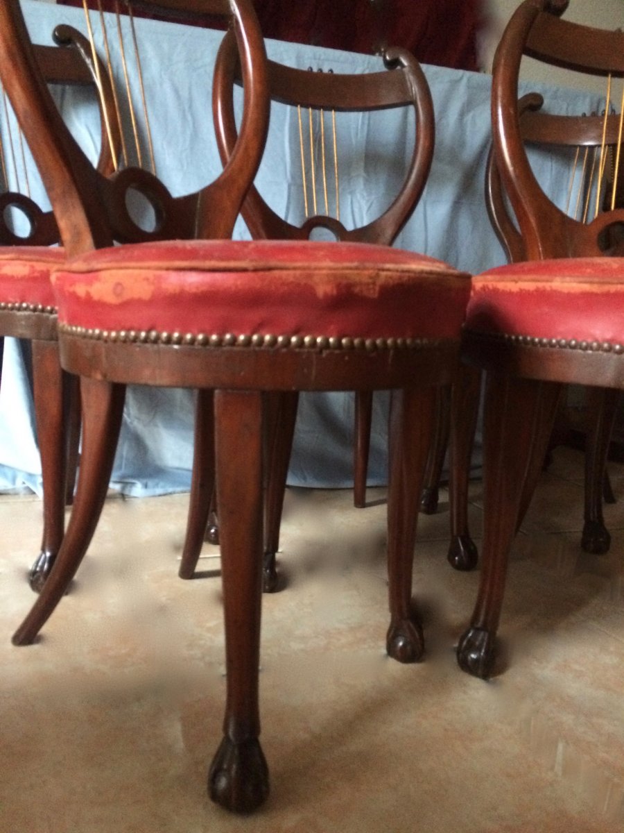 Rare Series Of 6 Mahogany Chairs, Lyre Back, German Work, Berlin Around 1815 -photo-2