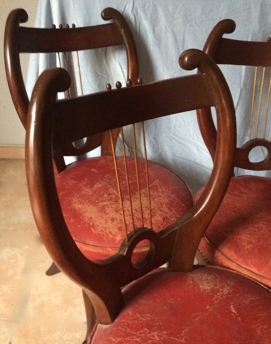 Rare Series Of 6 Mahogany Chairs, Lyre Back, German Work, Berlin Around 1815 -photo-3