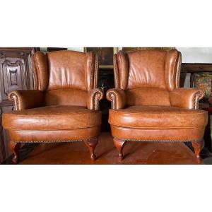 Pair Of Leather Armchairs With Wings