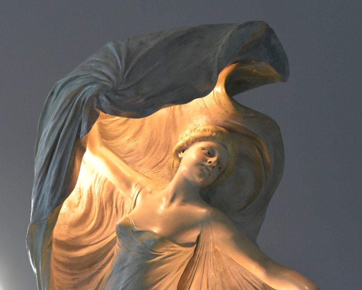 Loie Fuller. Terre cuite signée. Art Nouveau. Lampe.-photo-3