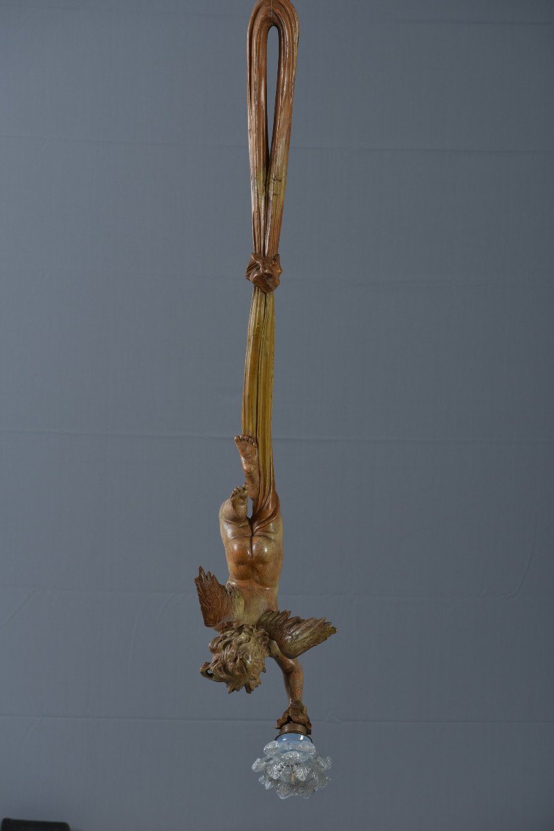 Lampe En Bois De Tilleul. Angelot. 1900. 120cm de hauteur-photo-8