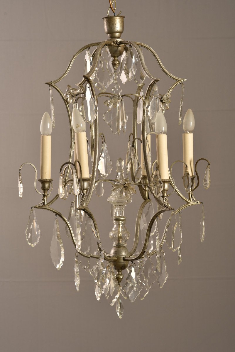 Proantic: Imposant Lustre Cage Argenté. 1920.