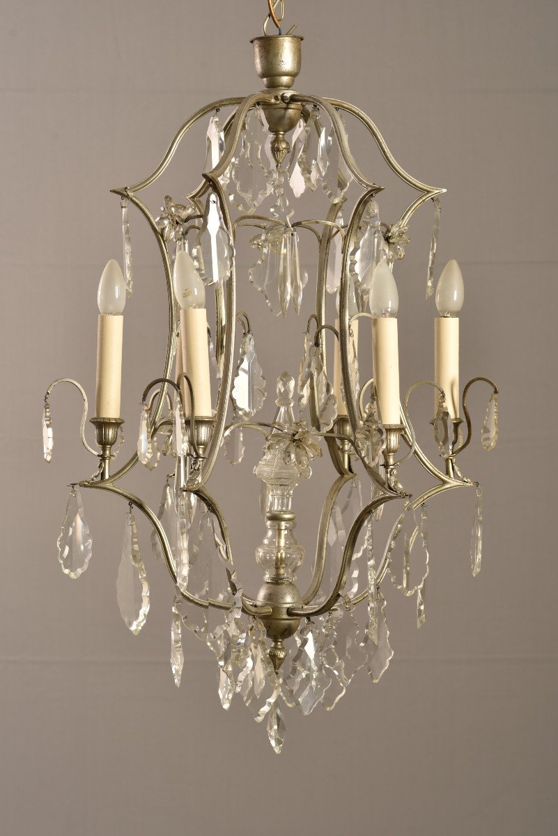 Proantic: Imposant Lustre Cage Argenté. 1920.