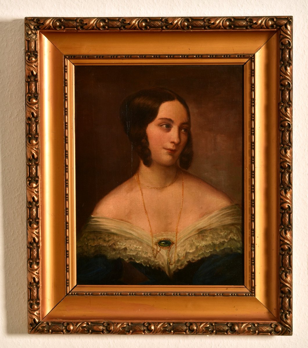 Biedemeier Portrait. On Wood. Woman Of The Bourgeoisie.-photo-3