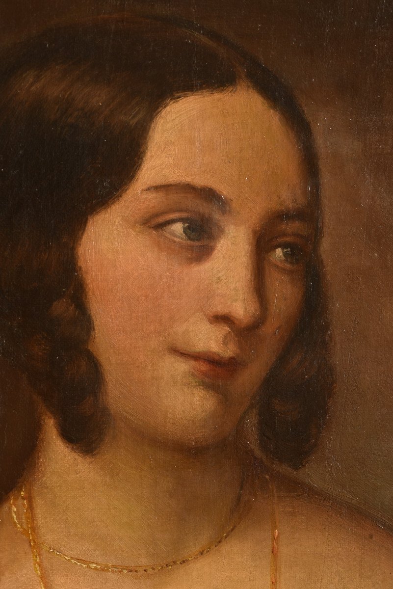 Biedemeier Portrait. On Wood. Woman Of The Bourgeoisie.