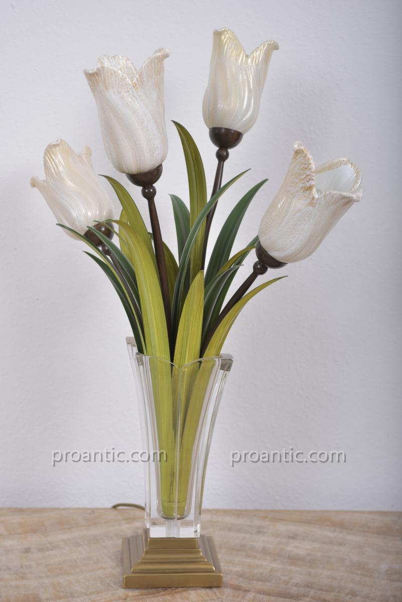 Murano. Lampe. Bouquet De Tulipes Dans Un Vase En Cristal-photo-1