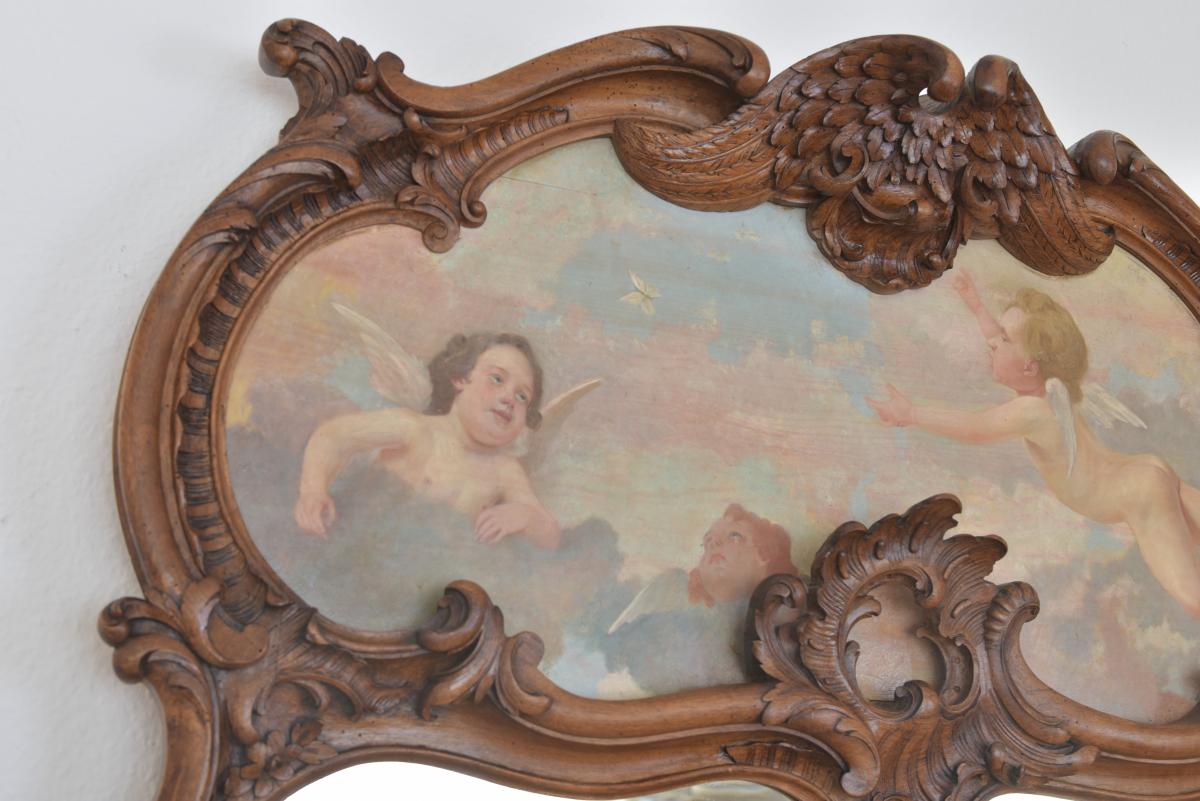 Imposant Trumeau 1890 .peinture Sur Bois Putti.-photo-3