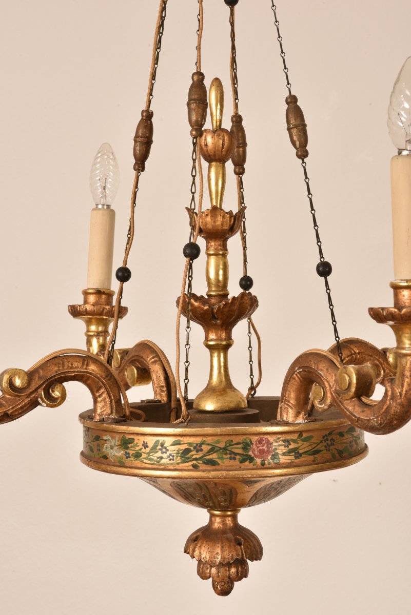 Lustre Biedermeier En Bois Doré. Allemagne 1820.-photo-3