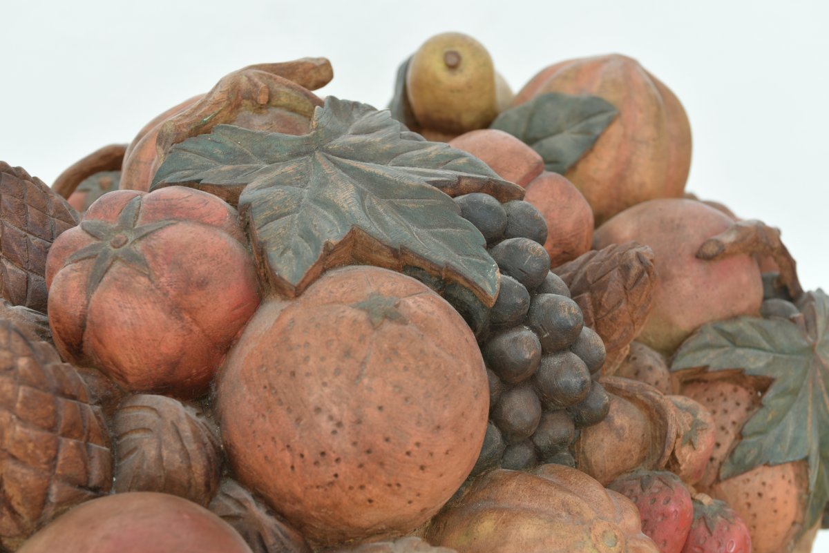 Important Basket Of Carved Wooden Fruits. Polychrome. 1900.-photo-4