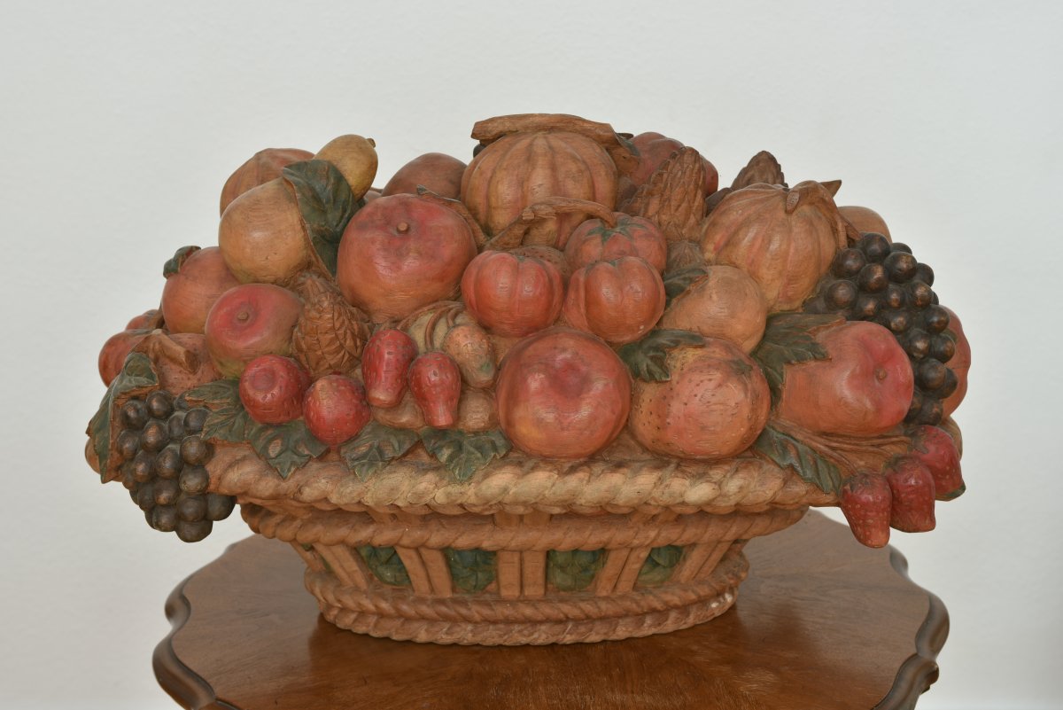 Importante Corbeille De Fruits En Bois Sculpté. Polychrome. 1900.-photo-1
