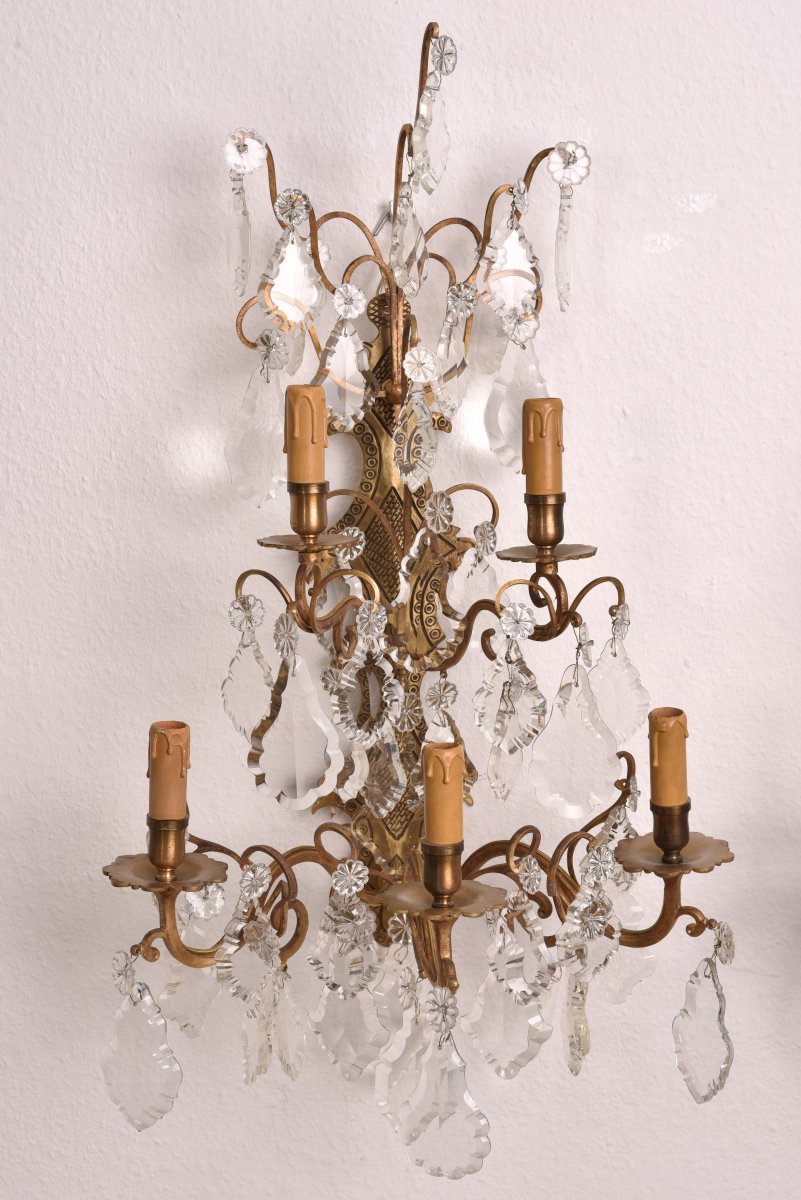 Imposing Pair Of Bronze And Crystal Sconces.-photo-2