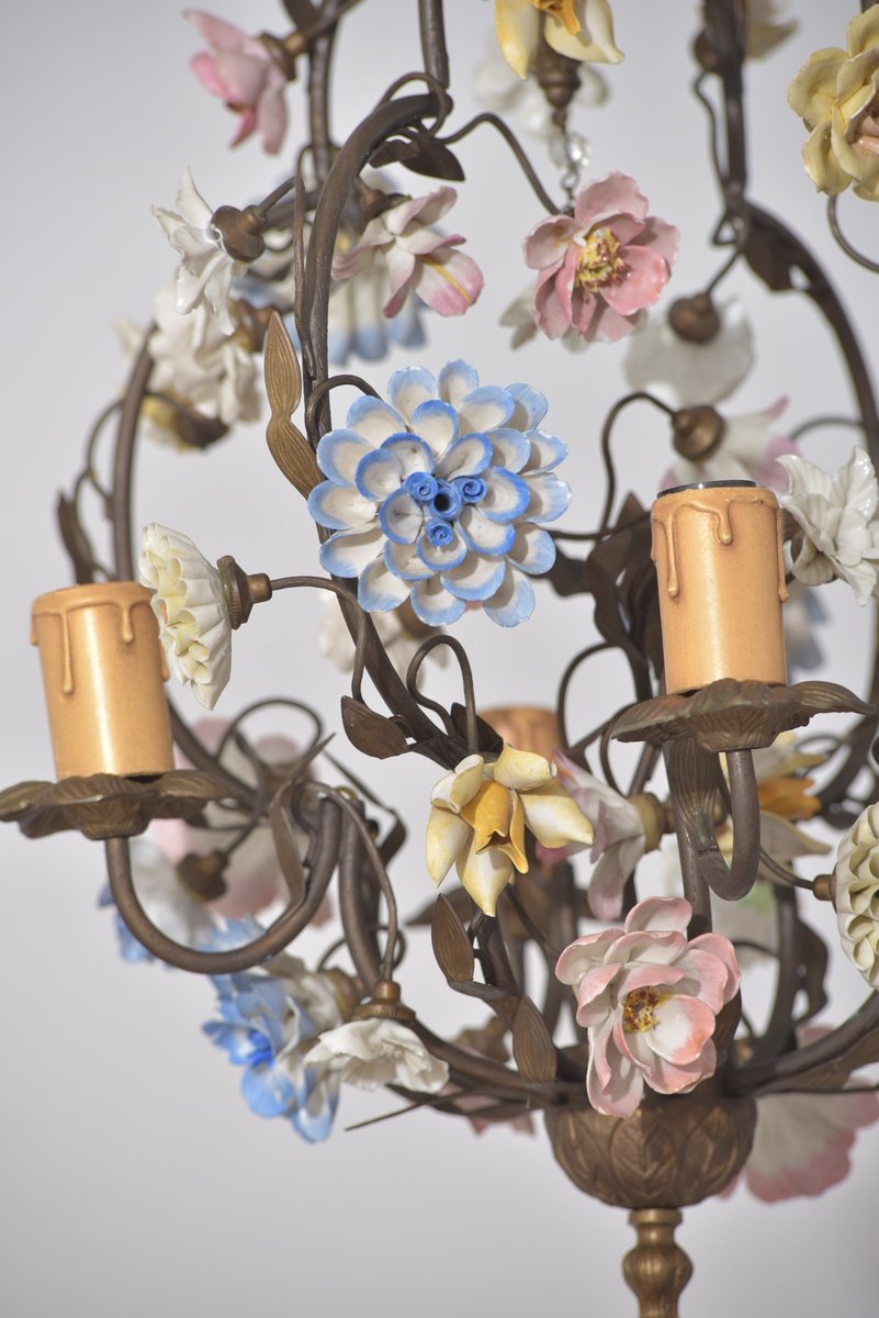 Bronze Chandelier. Porcelain Flowers.-photo-2