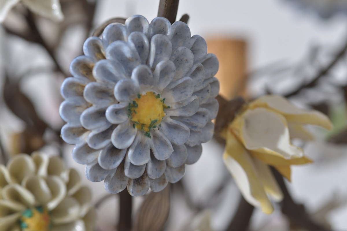 Bronze Chandelier. Porcelain Flowers.-photo-1