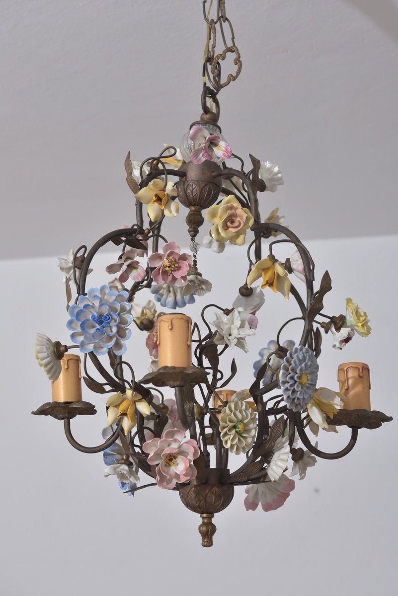 Bronze Chandelier. Porcelain Flowers.-photo-5