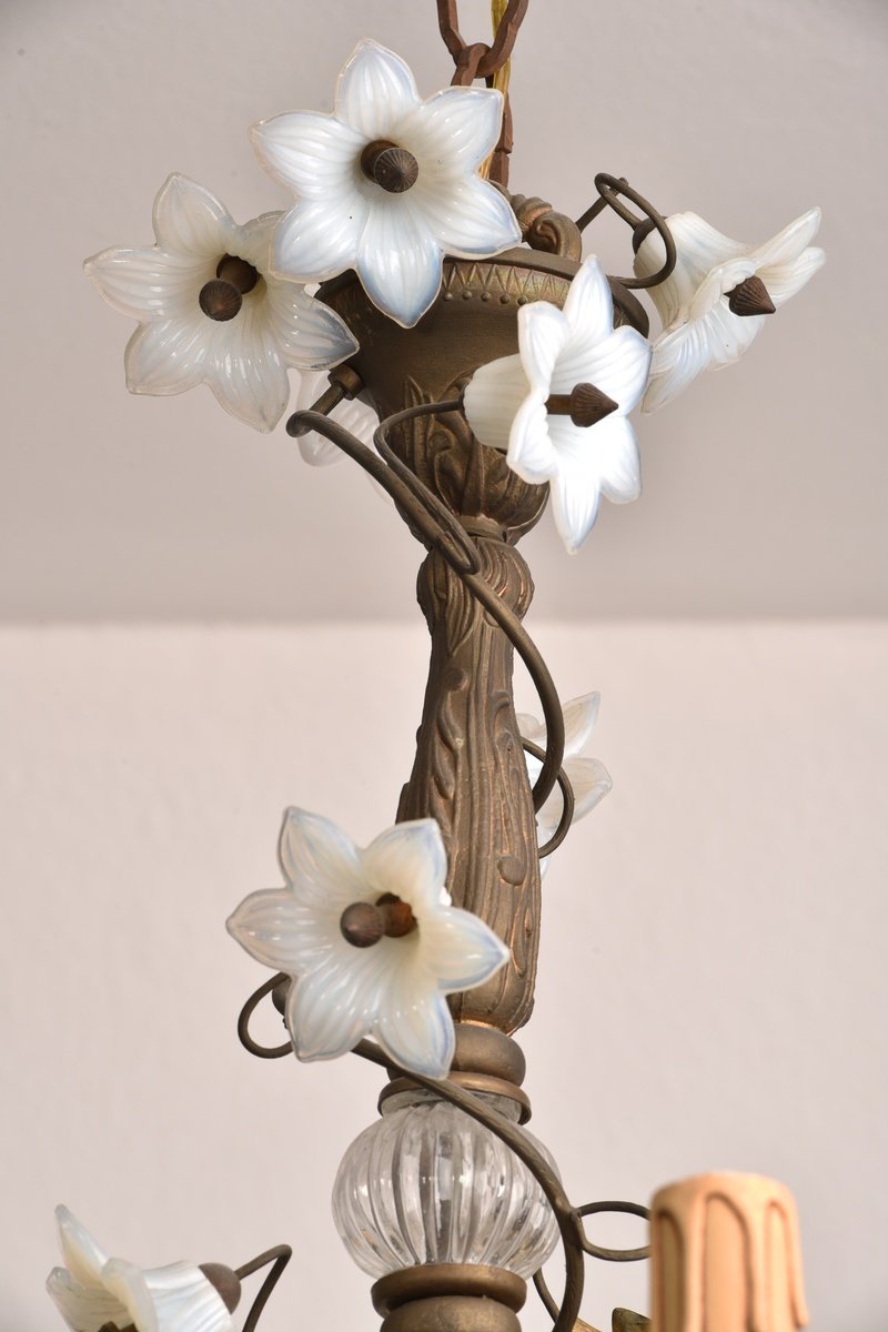 Lustre En  Bronze Et Opaline. Fleurs de Lys.-photo-7