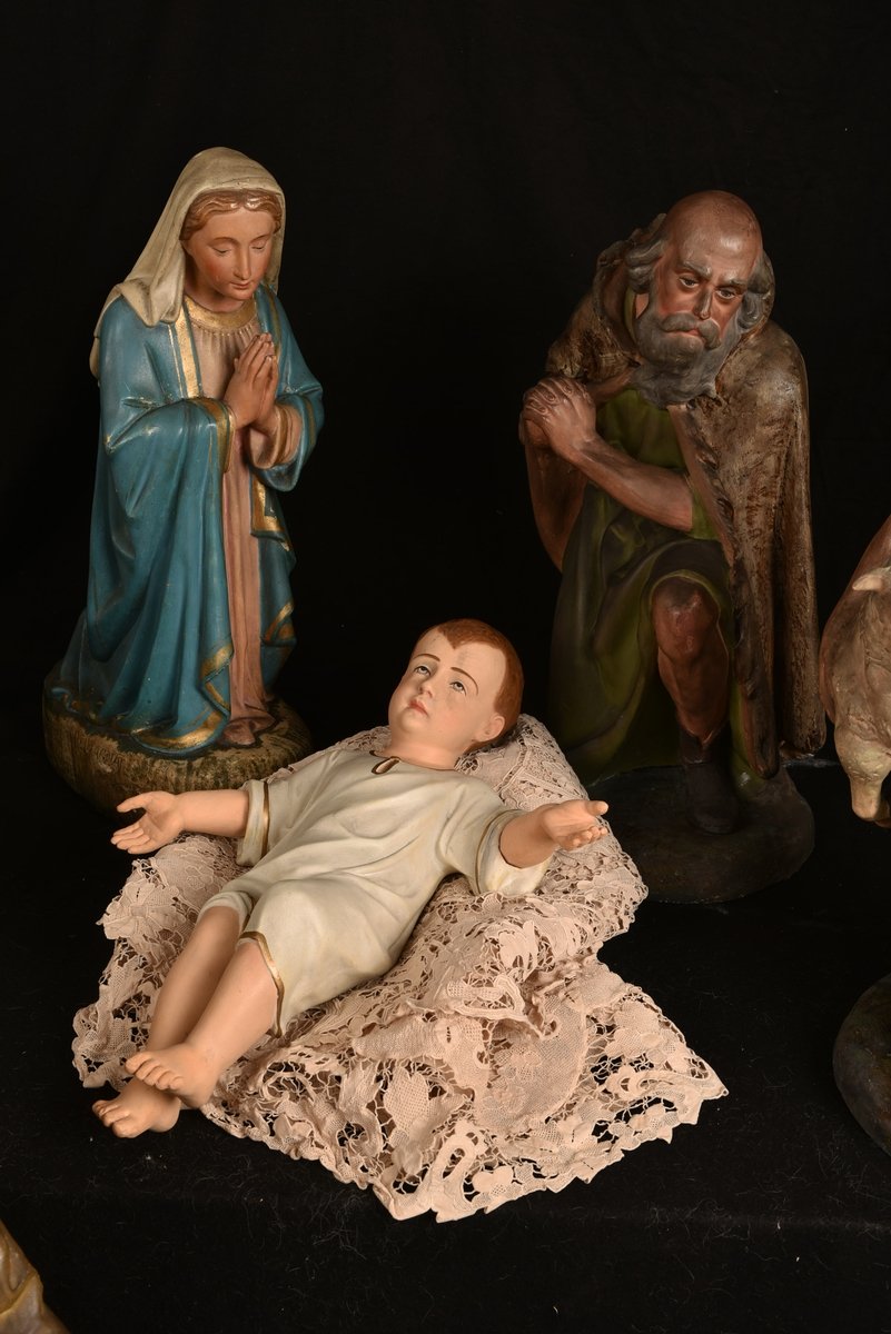 Christmas Church Nativity Scene In Polychrome Plaster. 1880.-photo-3